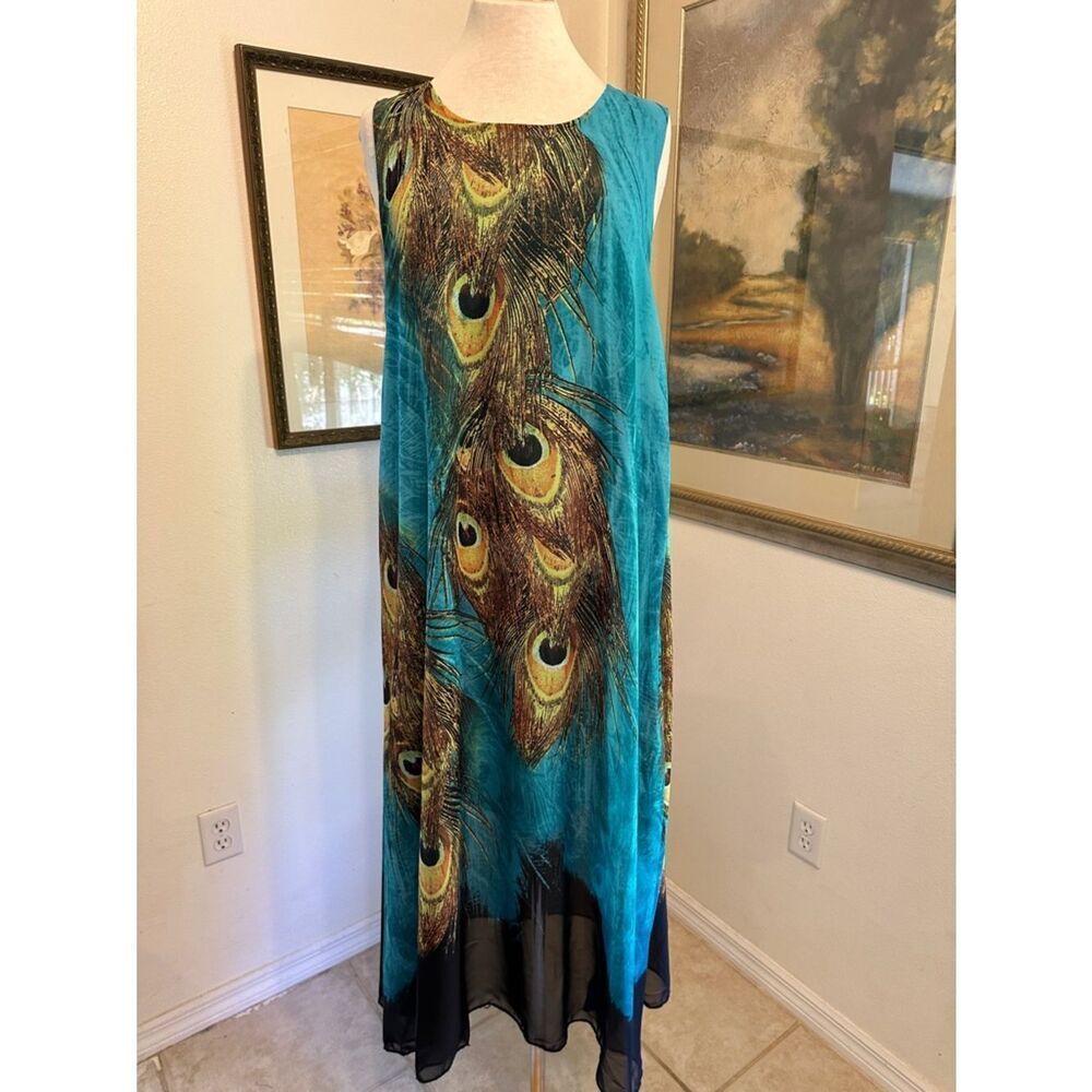 Shana Sleeveless Peacock Feather Print Maxi Dress - Teal Size XL